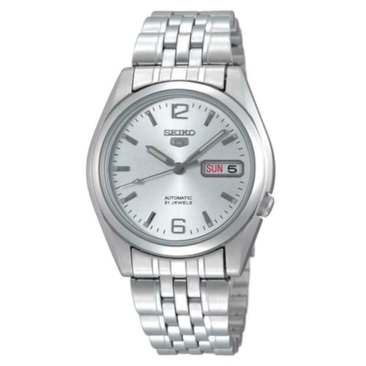 Seiko 21 Jewels Men's Automatic Watch Analog White Dial with Silver Stainless Steel Band, SNK385K authentic Seiko watch with original box and warranty papers