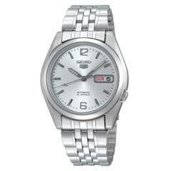 Seiko 21 Jewels Men's Automatic Watch Analog White Dial with Silver Stainless Steel Band, SNK385K