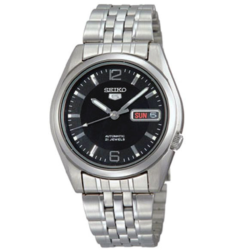 Seiko 21 Jewels Men's Automatic Watch Analog Black Dial with Silver Stainless Steel Band, SNK393K