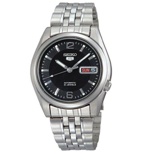 Seiko 21 Jewels Men's Automatic Watch Analog Black Dial with Silver Stainless Steel Band, SNK393K authentic Seiko watch with original box and warranty papers