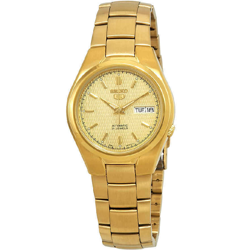 Seiko 21 Jewels Men's Automatic Watch Analog Gold Dial with Gold Stainless Steel Band, SNK610K