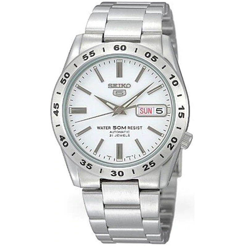 Seiko 21 Jewels Men's Automatic Watch Analog White Dial with Silver Stainless Steel Band, SNKD97J