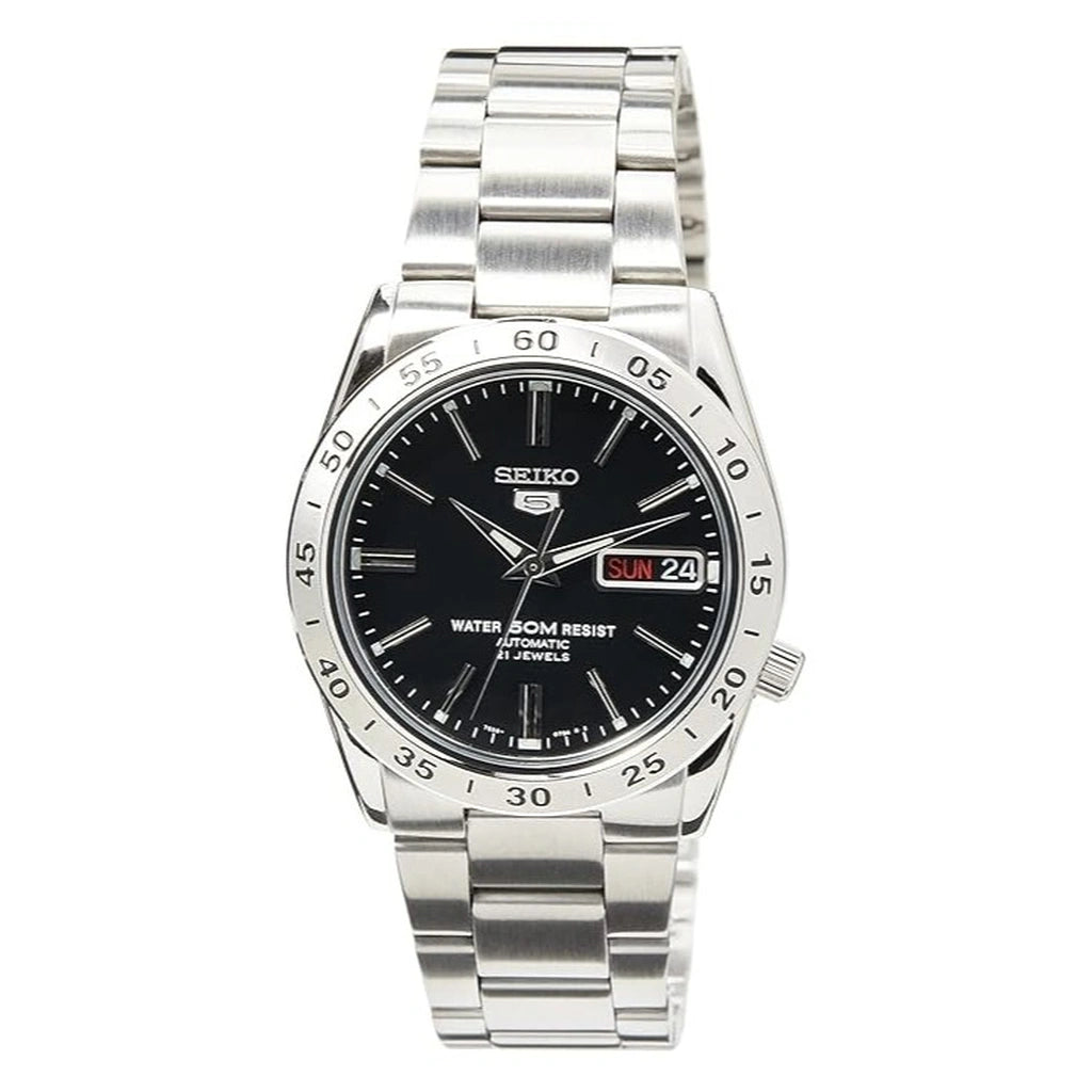 Seiko Men's Mechanical Watch Analog, Black Dial with Silver Stainless Steel Band, SNKE01K
