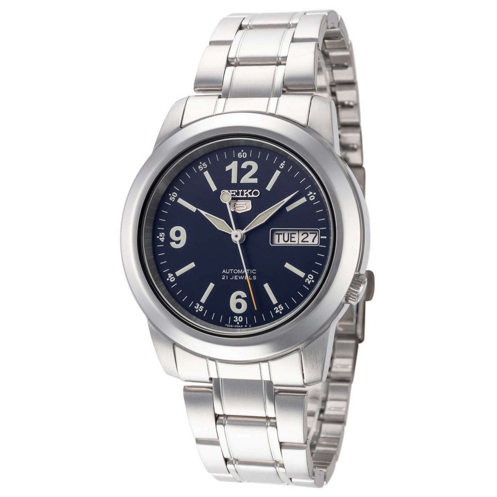 Seiko 21 Jewels Men's Automatic Watch Analog Blue Dial with Silver Stainless Steel Band, SNKE61K