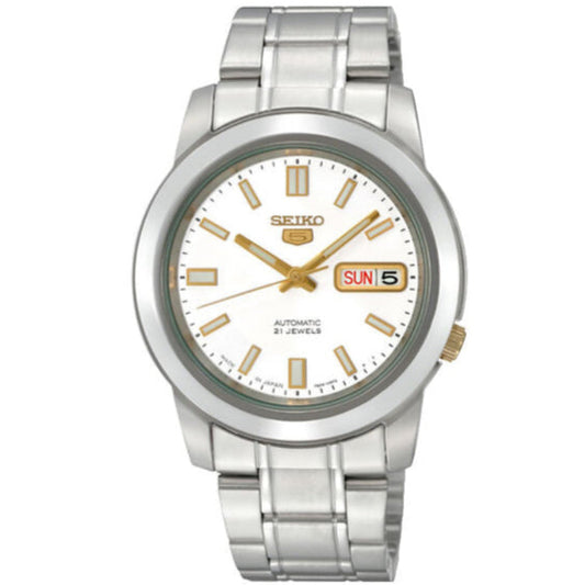 Seiko 5 Men's Automatic Watch Analog White Dial with Silver Stainless Steel Band, SNKK07J authentic Seiko watch with original box and warranty papers