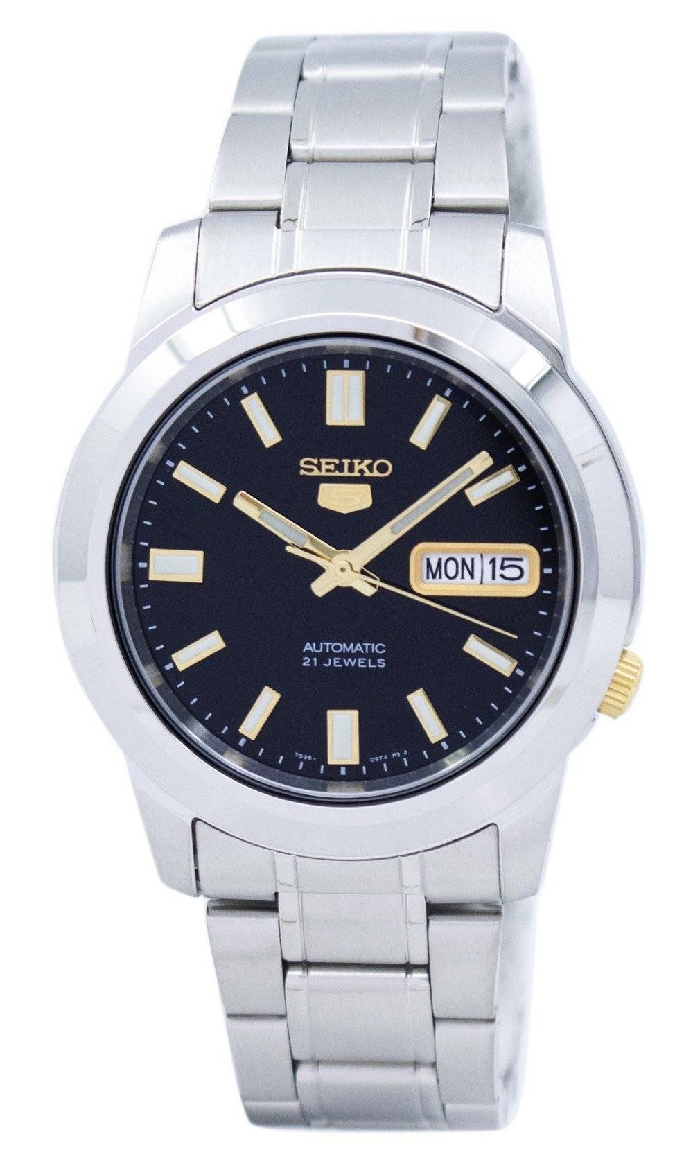 Seiko Men's Mechanical Watch Analog, Black Dial with Silver Stainless Steel Band, SNKK17K