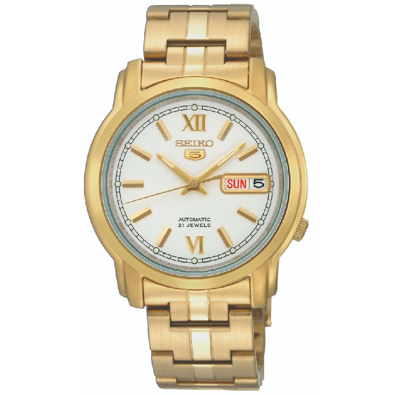 Seiko 21 Jewels Men's Automatic Watch Analog White Dial with Gold Stainless Steel Band, SNKK84K