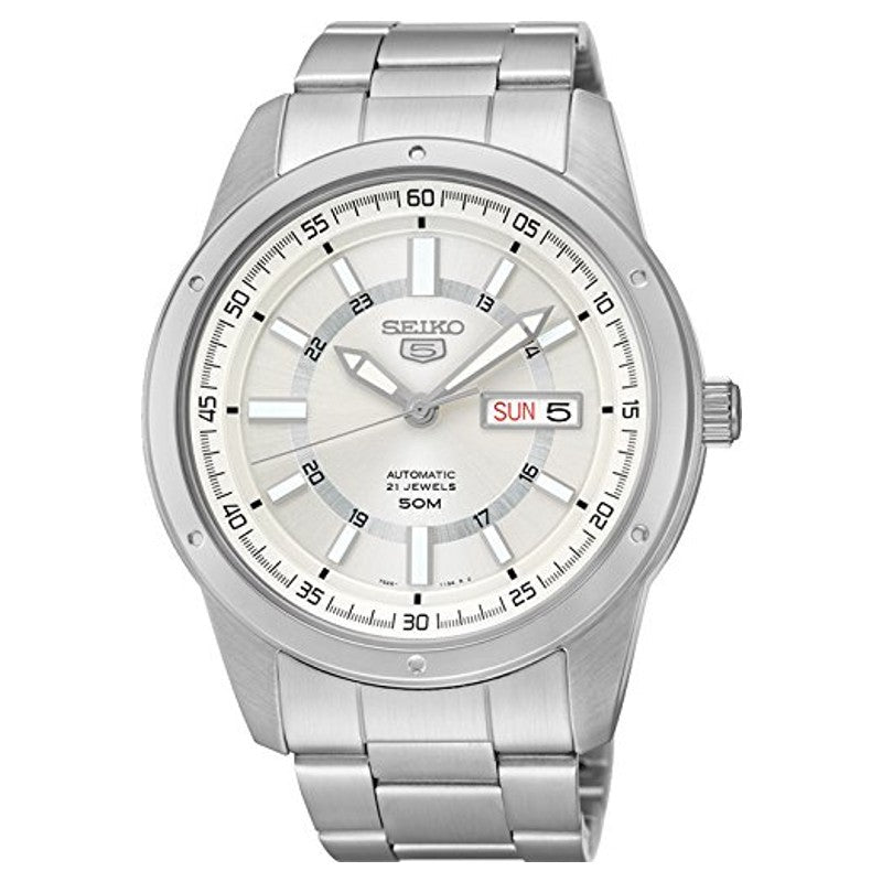 Seiko 21 Jewels Men's Automatic Watch Analog White Dial with Silver Stainless Steel Band, SNKN09J