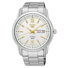 Seiko 21 Jewels Men's Automatic Watch Analog White Dial with Silver Stainless Steel Band, SNKP15J