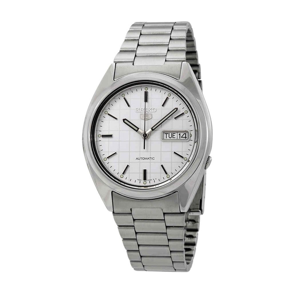 Seiko 5 Men's Automatic Watch Analog White Dial with Silver Stainless Steel Band, SNXF05K