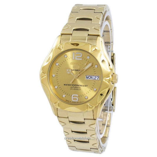 Seiko 5 Sports Analog Men's Watch with Day and date and Gold Dial with Gold Stainless Steel strap,SNZ460J authentic Seiko watch with original box and warranty papers