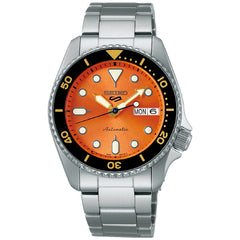 Seiko 5 Men's Automatic Watch Analog Orange Dial with Black Stainless Steel Band, SRPK35K