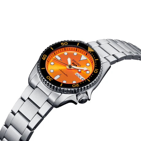 Seiko 5 Men's Automatic Watch Analog Orange Dial with Black Stainless Steel Band, SRPK35K