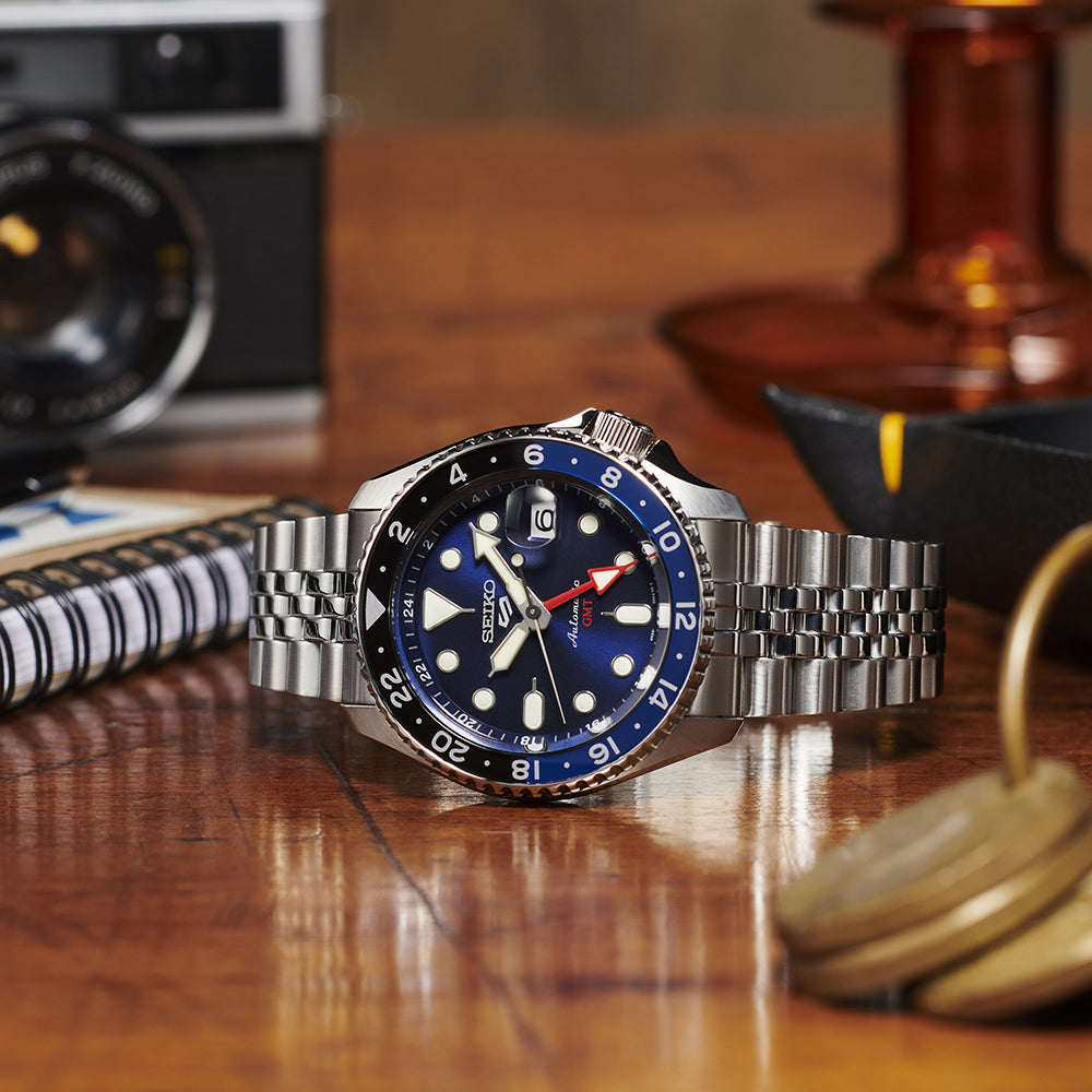 Seiko 5 Sports Men's Automatic GMT Watch, Blue Dial Steel Bracelet, SSK003K