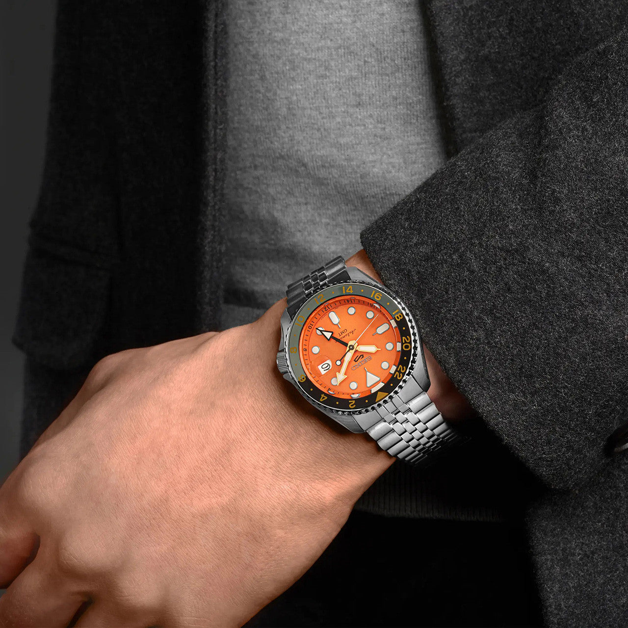 Seiko 5 Sports Men's Automatic GMT Watch Analog Orange Dial with Silver Stainless Steel Band, SSK005K