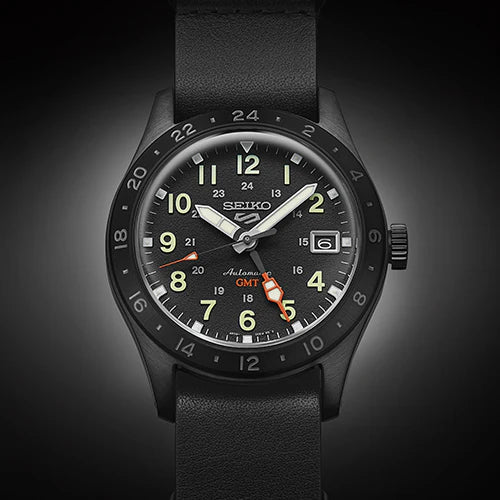 Seiko 5 Sports Men's Automatic Watch Analog Black Dial with Black Leather Strap, SSK025K