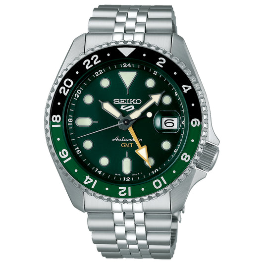 Seiko 5 Sports Men's Automatic GMT Watch Analog Green Dial with Silver Stainless Steel Band, SSK035K authentic Seiko watch with original box and warranty papers