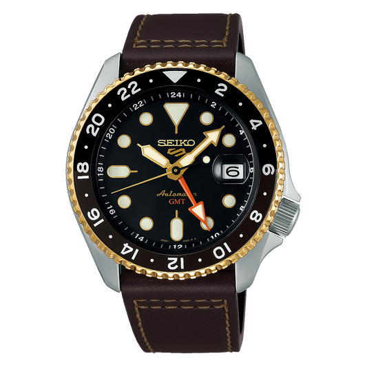 Seiko 5 Sports Men's Automatic GMT Watch Analog Black Dial with Brown Leather Strap, SSK036K authentic Seiko watch with original box and warranty papers