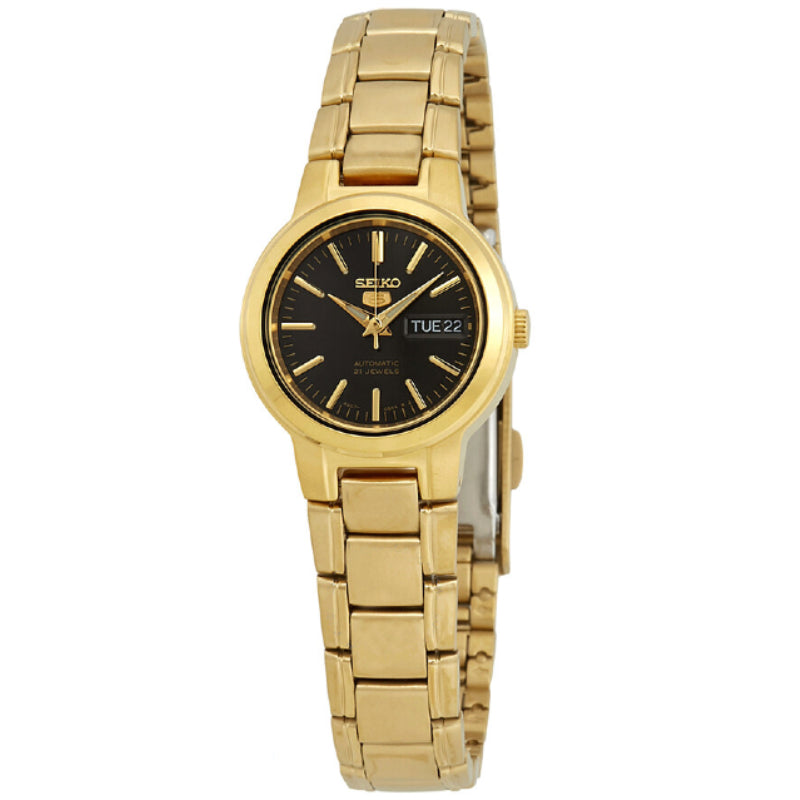 Seiko 5 Women's Automatic Watch Analog Black Dial with Gold Stainless Steel Band, SYME48K