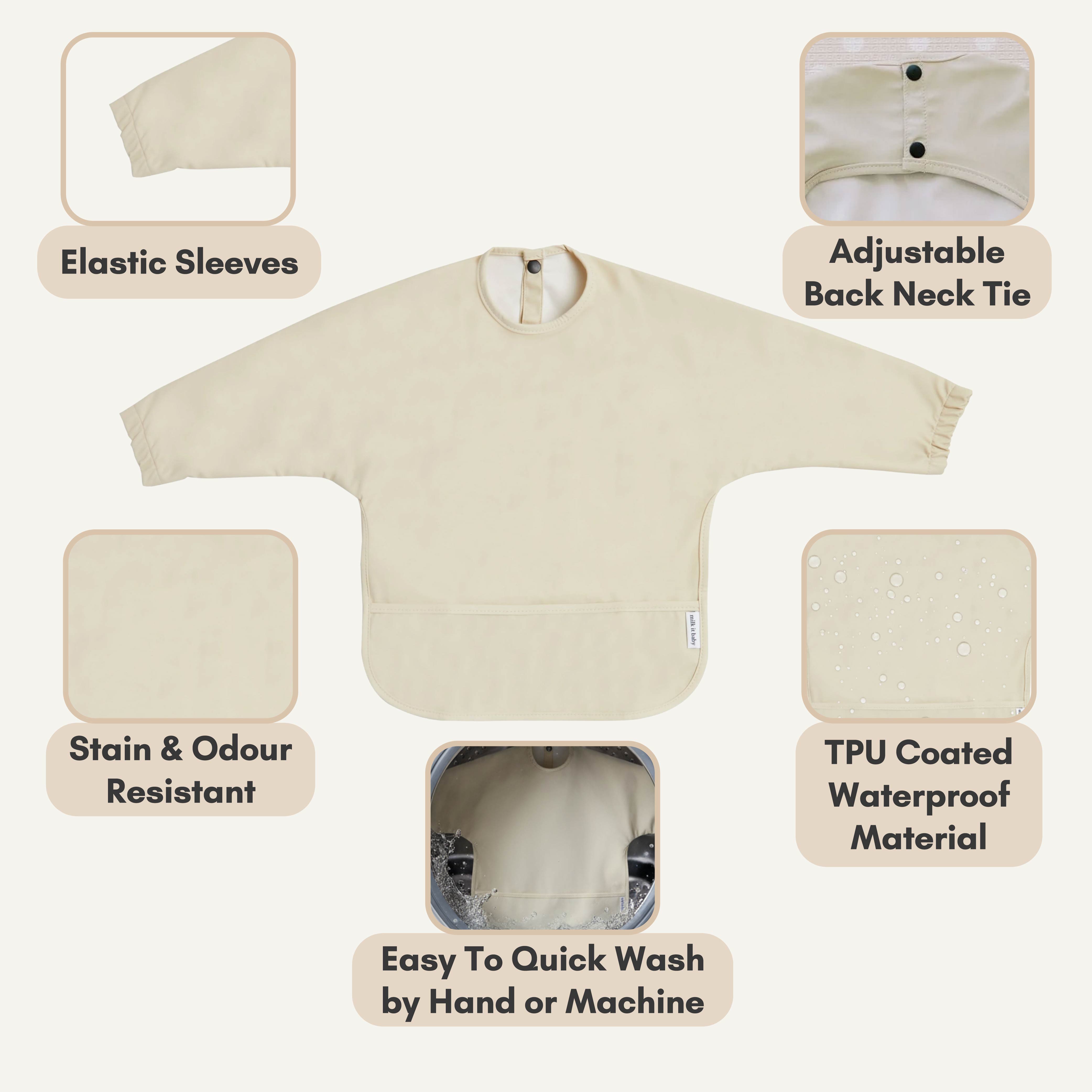 Milk It Baby Water Proof Sleeved Bib, Safari Beige, MI-SBSB004