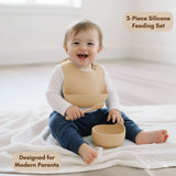 Milk It Baby Sandy Beige Bib & Bowl Set, 100% Food Grade Silicone Set, MI-BBSB005