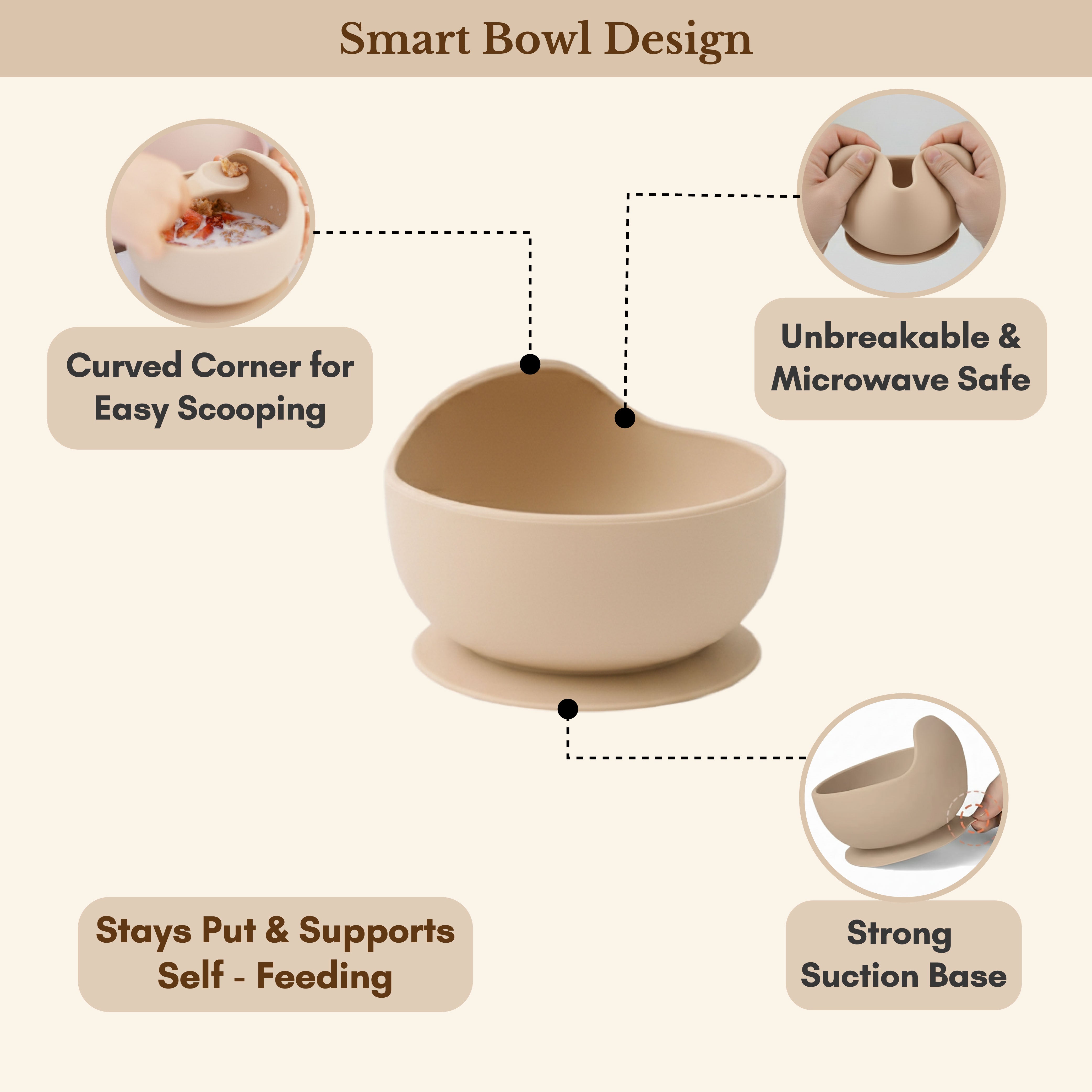 Milk It Baby Sandy Beige Bib & Bowl Set, 100% Food Grade Silicone Set, MI-BBSB005