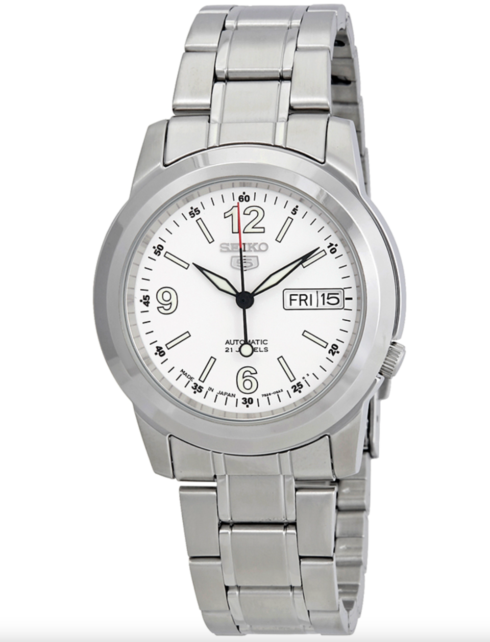 SeikoJ Men's Mechanical Watch Analog, White Dial Silver Stainless Band, SNKE57