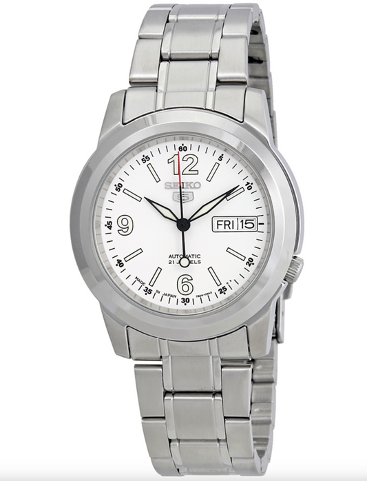 SeikoJ Men's Mechanical Watch Analog, White Dial Silver Stainless Band, SNKE57