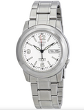 SeikoJ Men's Mechanical Watch Analog, White Dial Silver Stainless Band, SNKE57