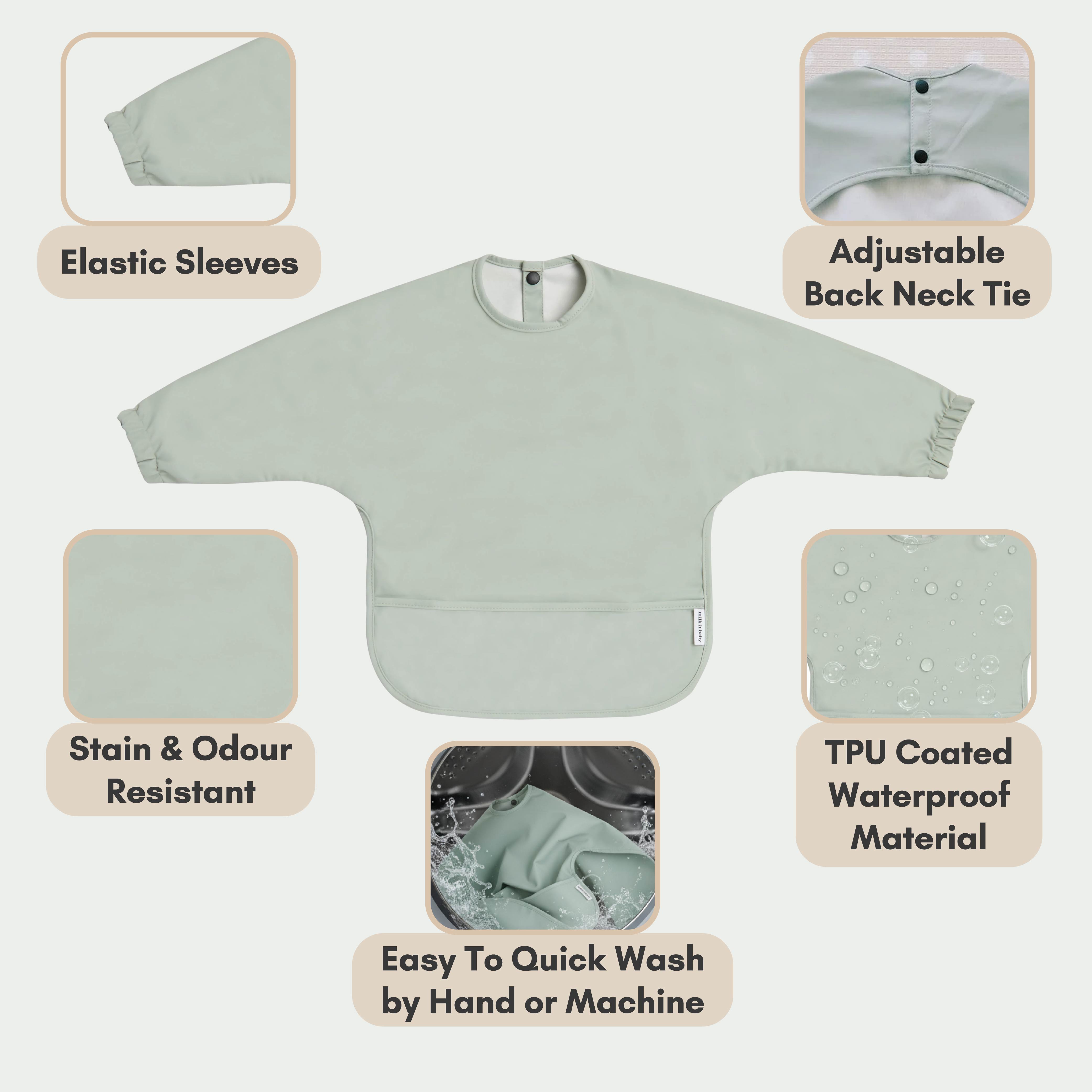 Milk It Baby Water Proof Sleeved Bib, Seafoam Green, MI-SBSG005