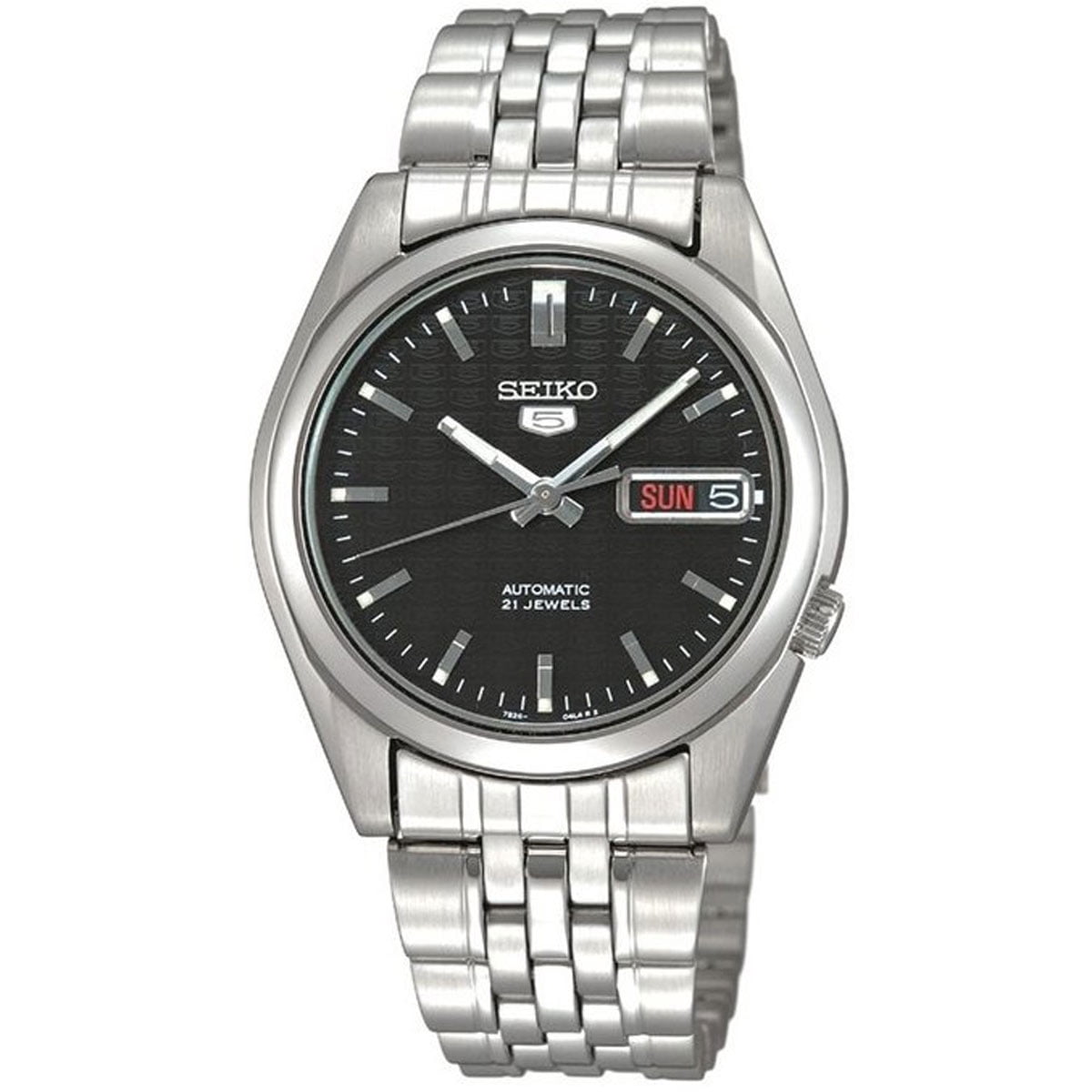 Seiko 21 Jewels Men's Automatic Watch Analog Black Dial with Silver Stainless Steel Band, SNK361K