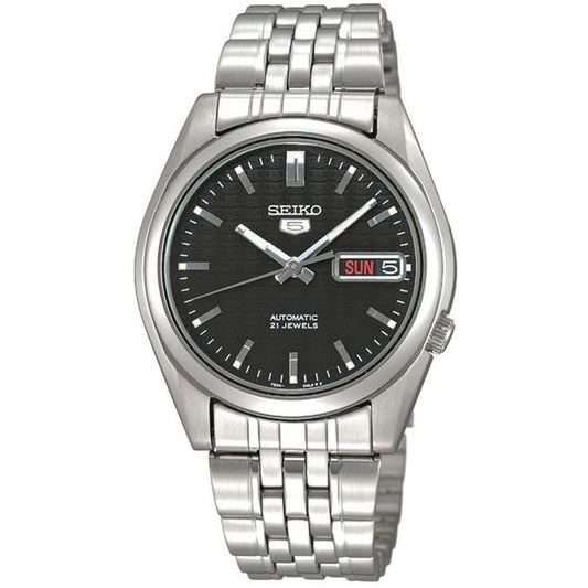 Seiko 21 Jewels Men's Automatic Watch Analog Black Dial with Silver Stainless Steel Band, SNK361K authentic Seiko watch with original box and warranty papers