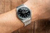 Seiko 21 Jewels Arabic Dial Men's Automatic Watch Analog Black Dial with Silver Stainless Steel Band, SNKP21J