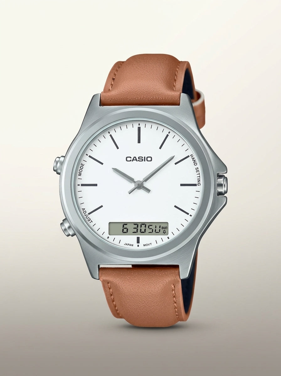 Casio, Men's Watch Analog-Digital, White Dial Brown Leather Band, MTP-VC01L-7EUDF product image