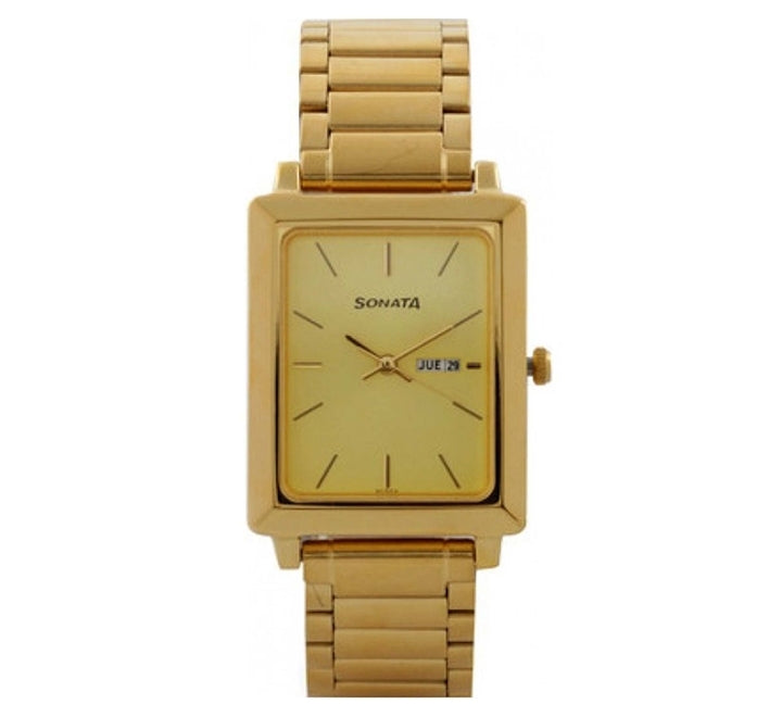 Sonata Men's Watch Analog Champagne Dial With Gold Stainless Steel Band, 7057YM02
