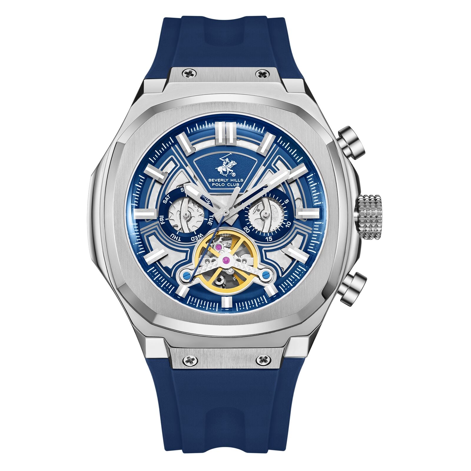 Beverly Hills Polo Club Men's Automatic Watch Analog Blue Dial with Blue Silicone Band, BP3750X.399