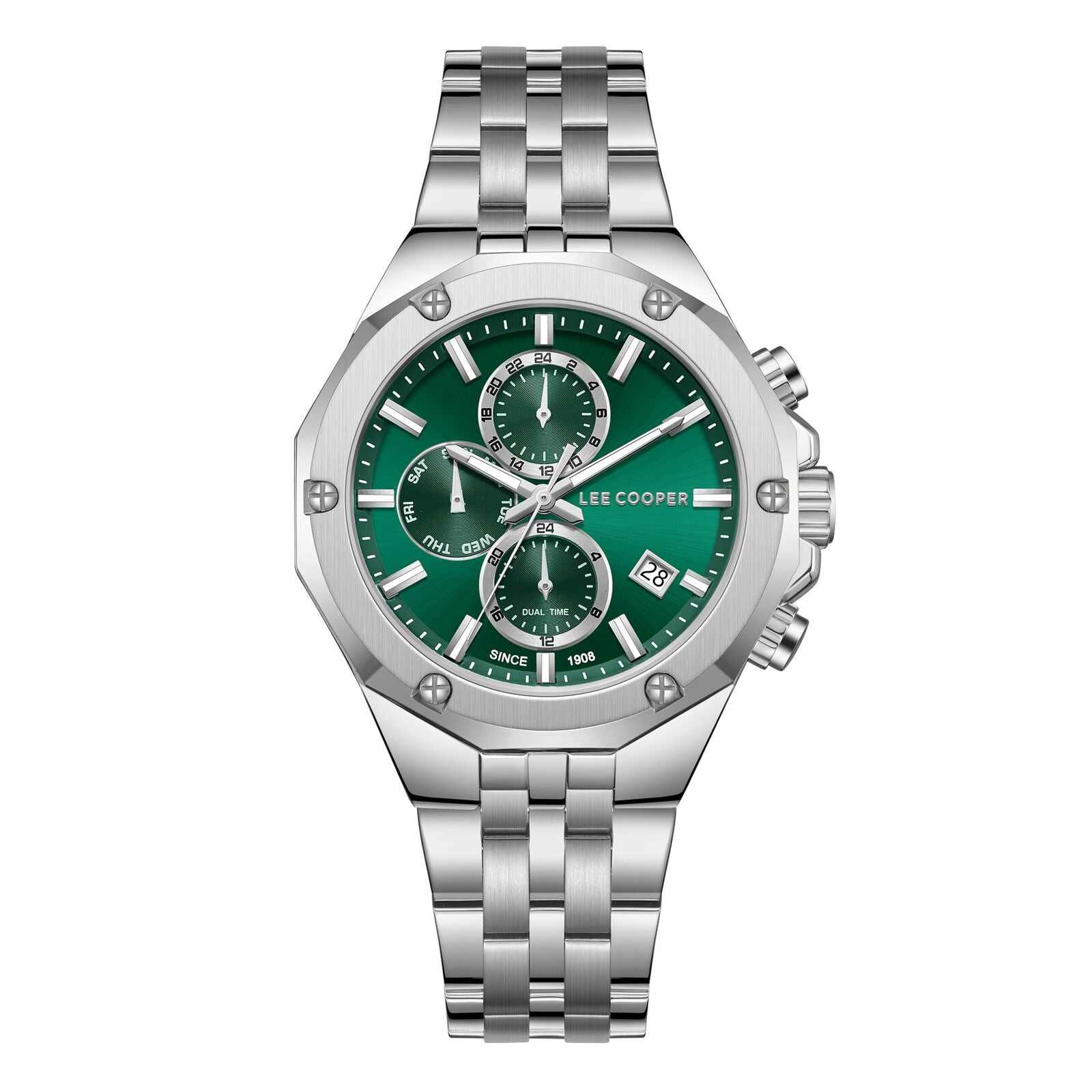 Lee Cooper Men's Watch Analog Green Dial with Silver Stainless Steel Band, LC08104.370