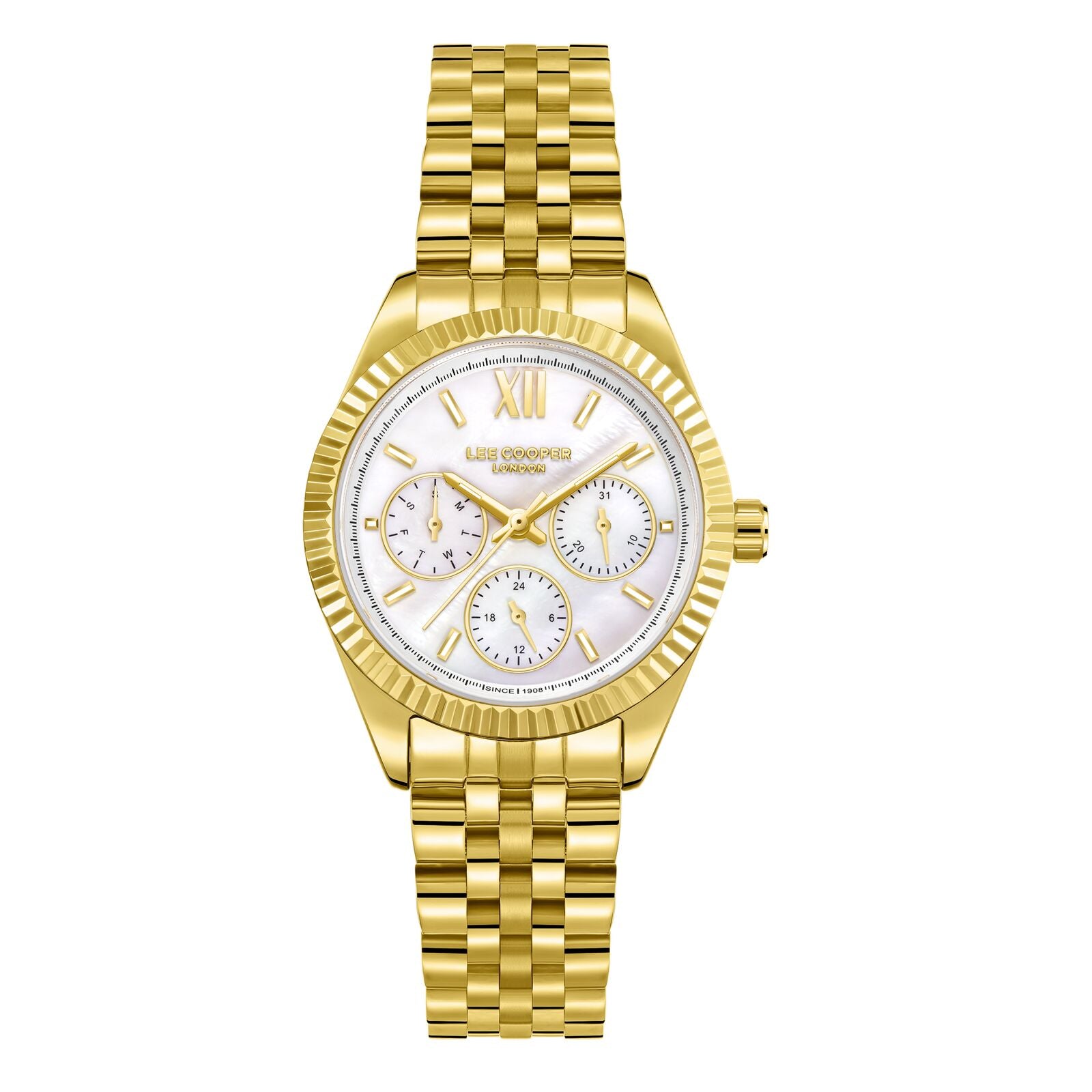 Lee Cooper Women's Watch Analog Mother of Pearl Dial with Gold Stainless Steel Band, LC08148.120