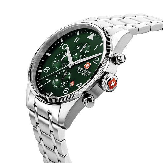 Swiss Military Hanowa Men's Chronograph Watch Olive Green Dial with Silver Stainless Steel Bracelet, SMWGI0000404