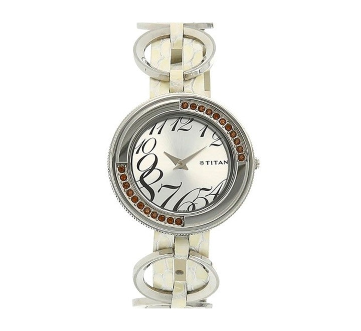 Titan Purple Women's Watch Analog Silver Dial With White Leather Band, 2502SL01