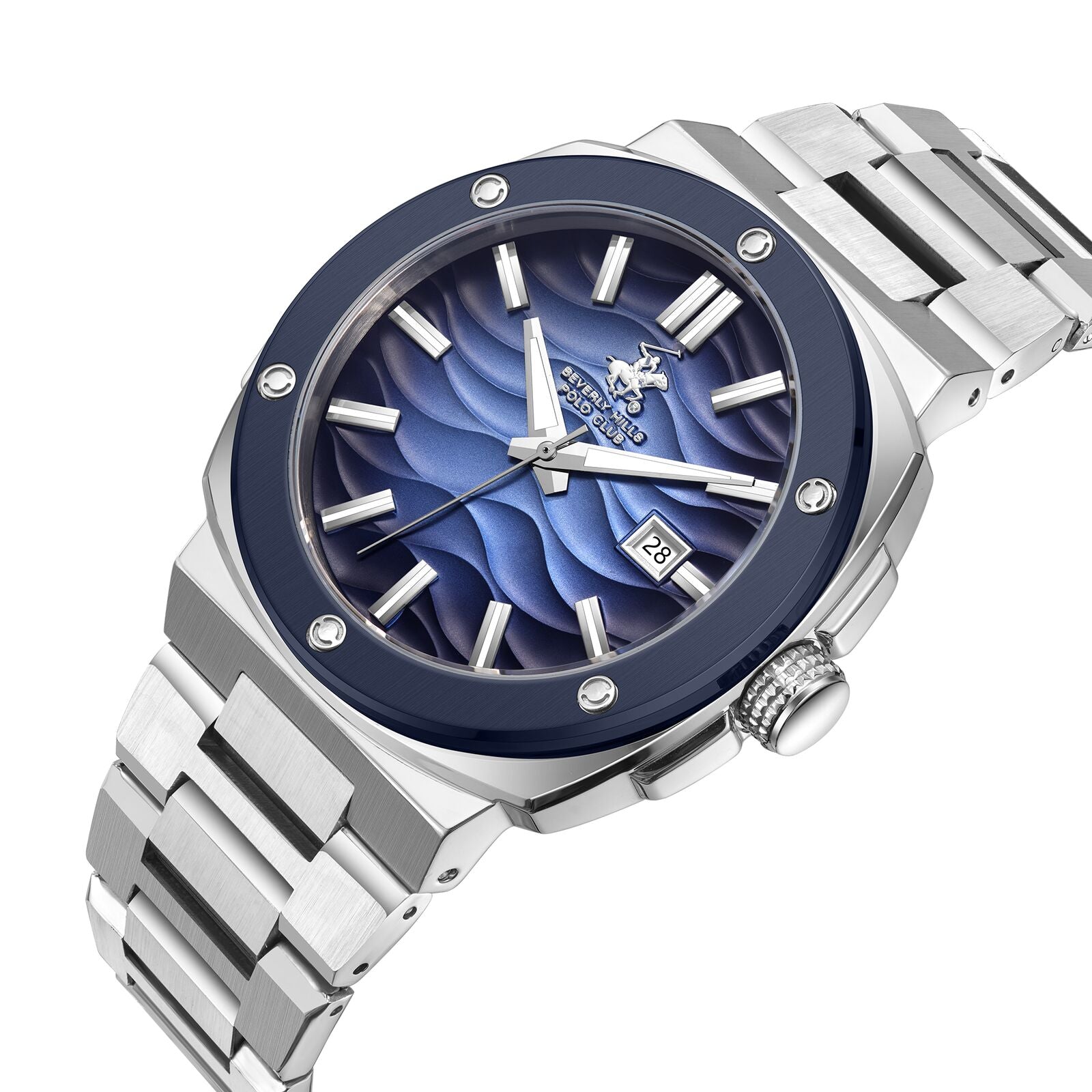 Beverly Hills Polo Club Men's Watch Analog Blue Dial With Silver Stainless Steel Band, BP3655X.303