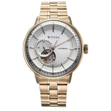Titan Orbital Open Heart Automatic Analog Men's Watch with White Dial Carnation Gold Stainless Steel Strap, 90226WM01