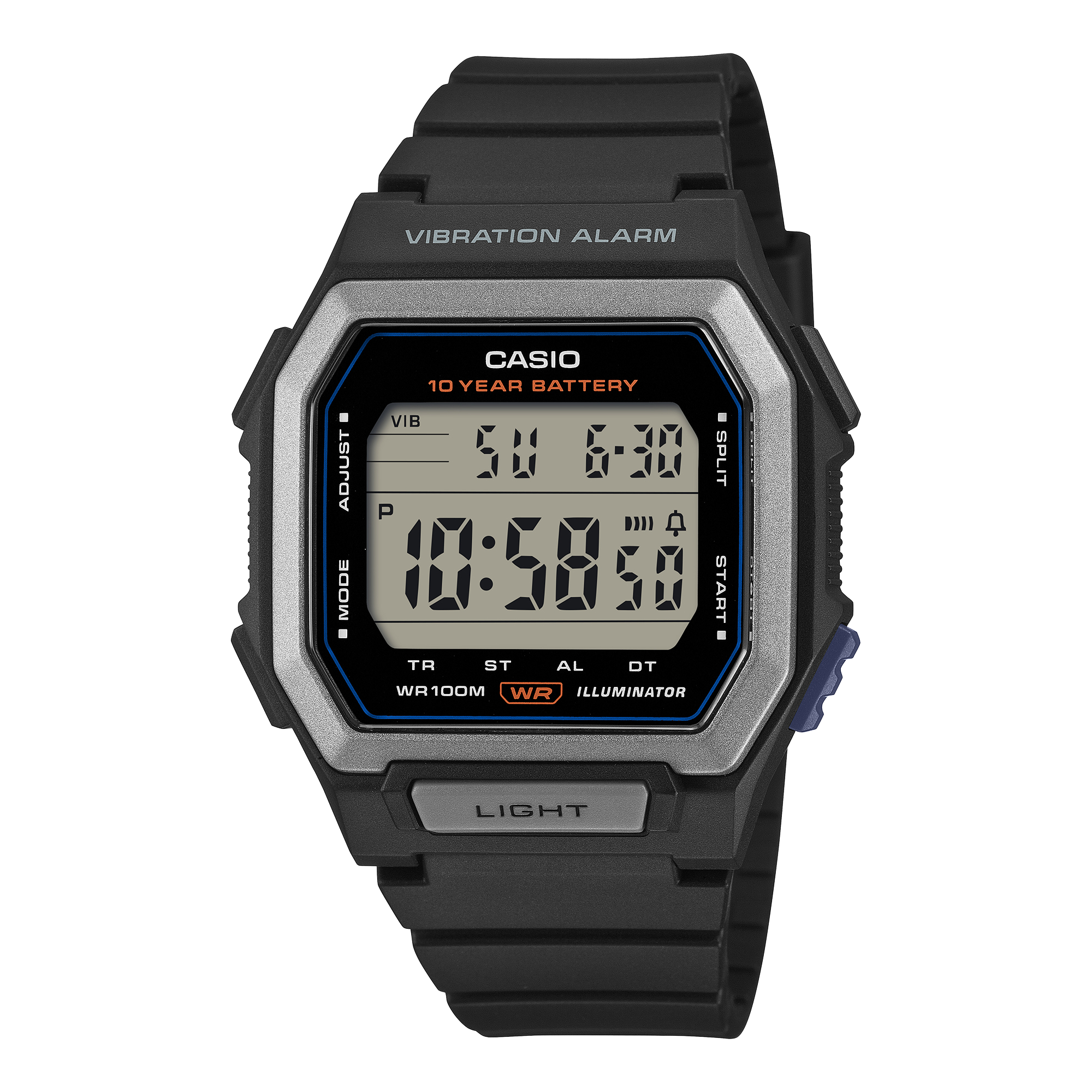 Casio W-738H-1AVDF Men's Digital Watch Grey Dial with Black Resin Strap and Vibration Alarm