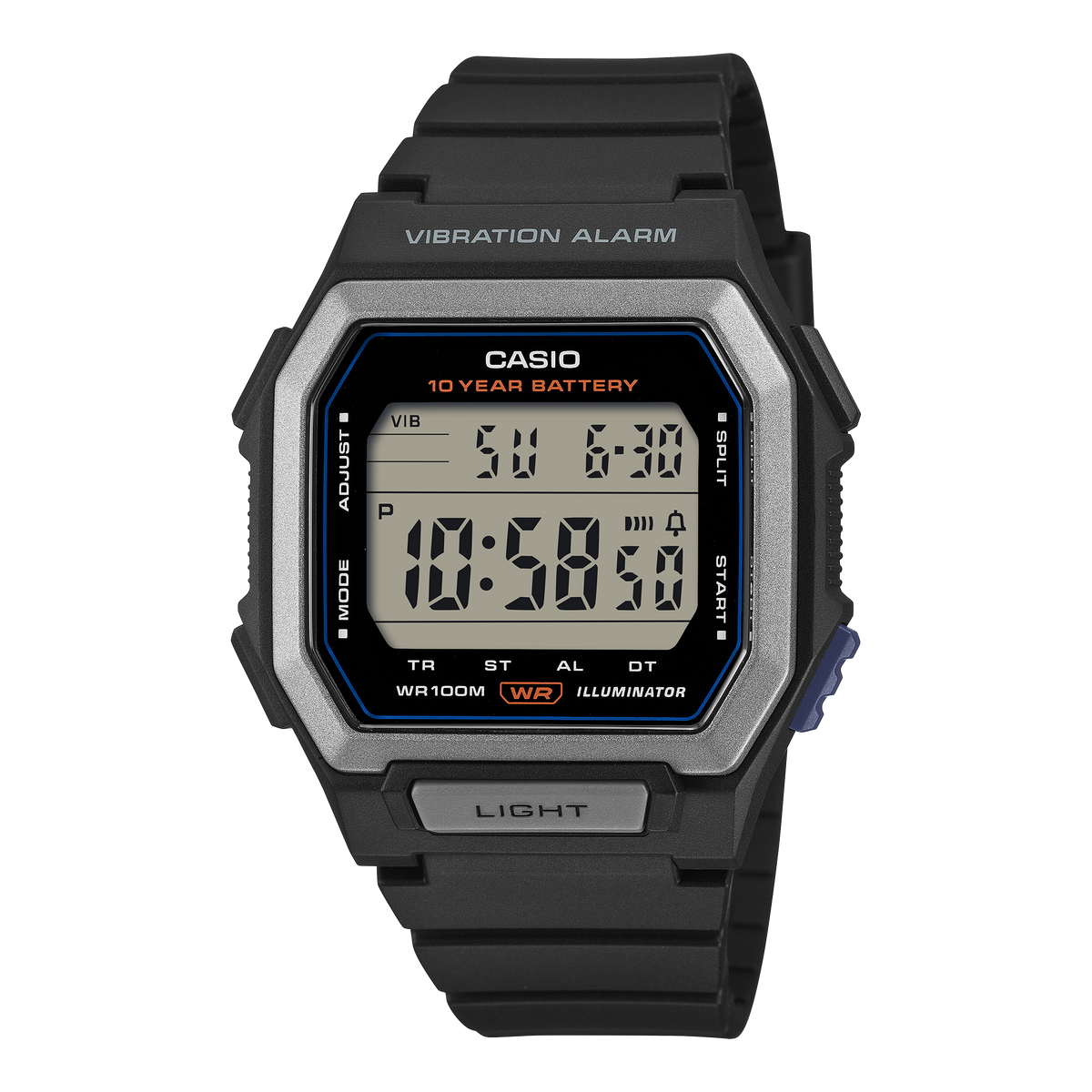 Casio W-738H-1AVDF Men's Digital Watch Grey Dial with Black Resin Strap and Vibration Alarm