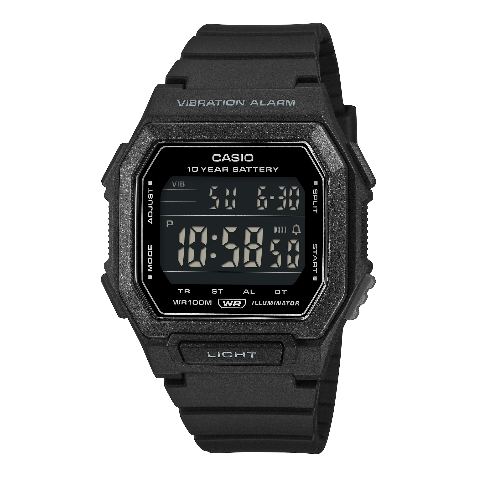 Casio W-738H-1BVDF Men's Digital Watch Black Reverse LCD with Black Resin Strap and Vibration Alarm