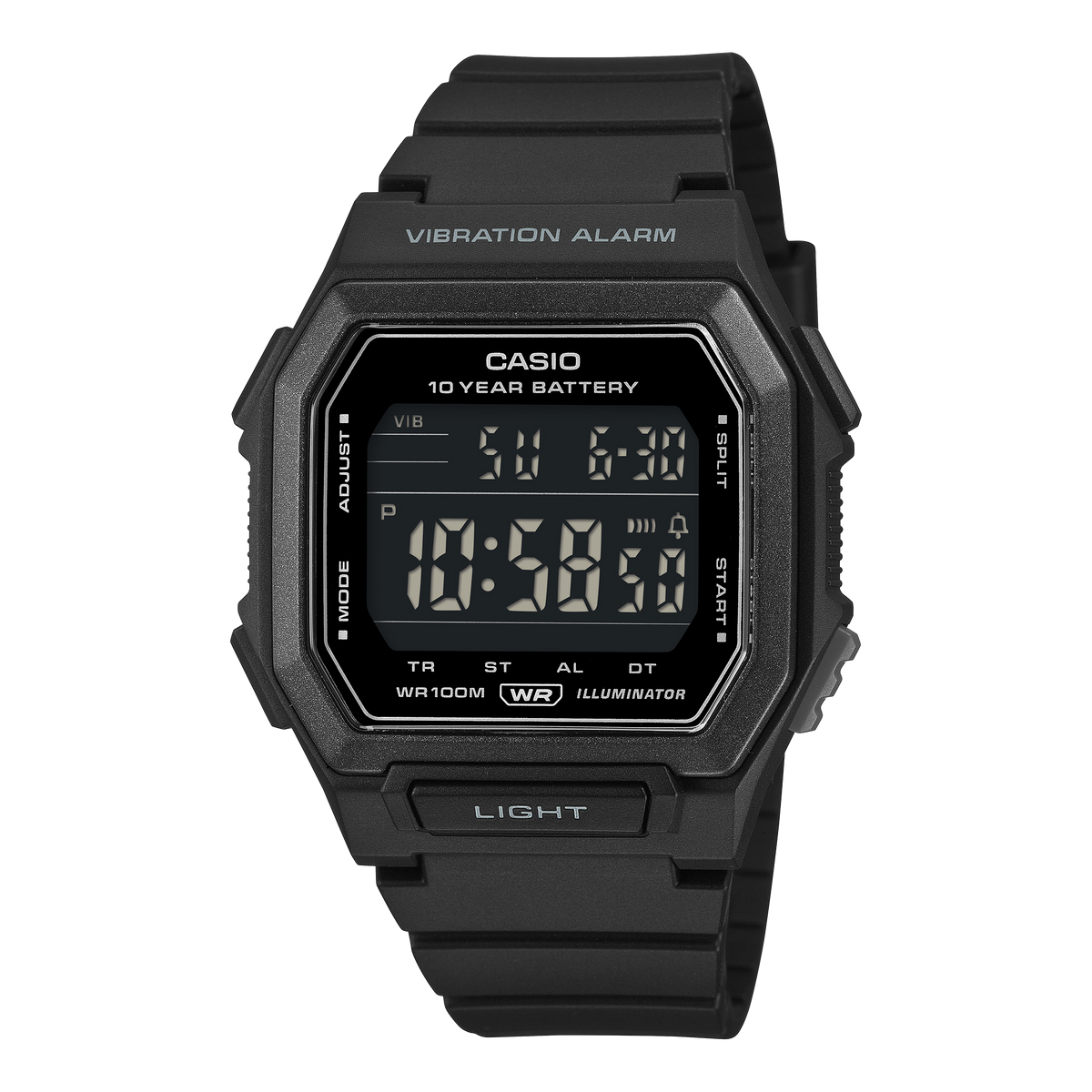 Casio W-738H-1BVDF Men's Digital Watch Black Reverse LCD with Black Resin Strap and Vibration Alarm