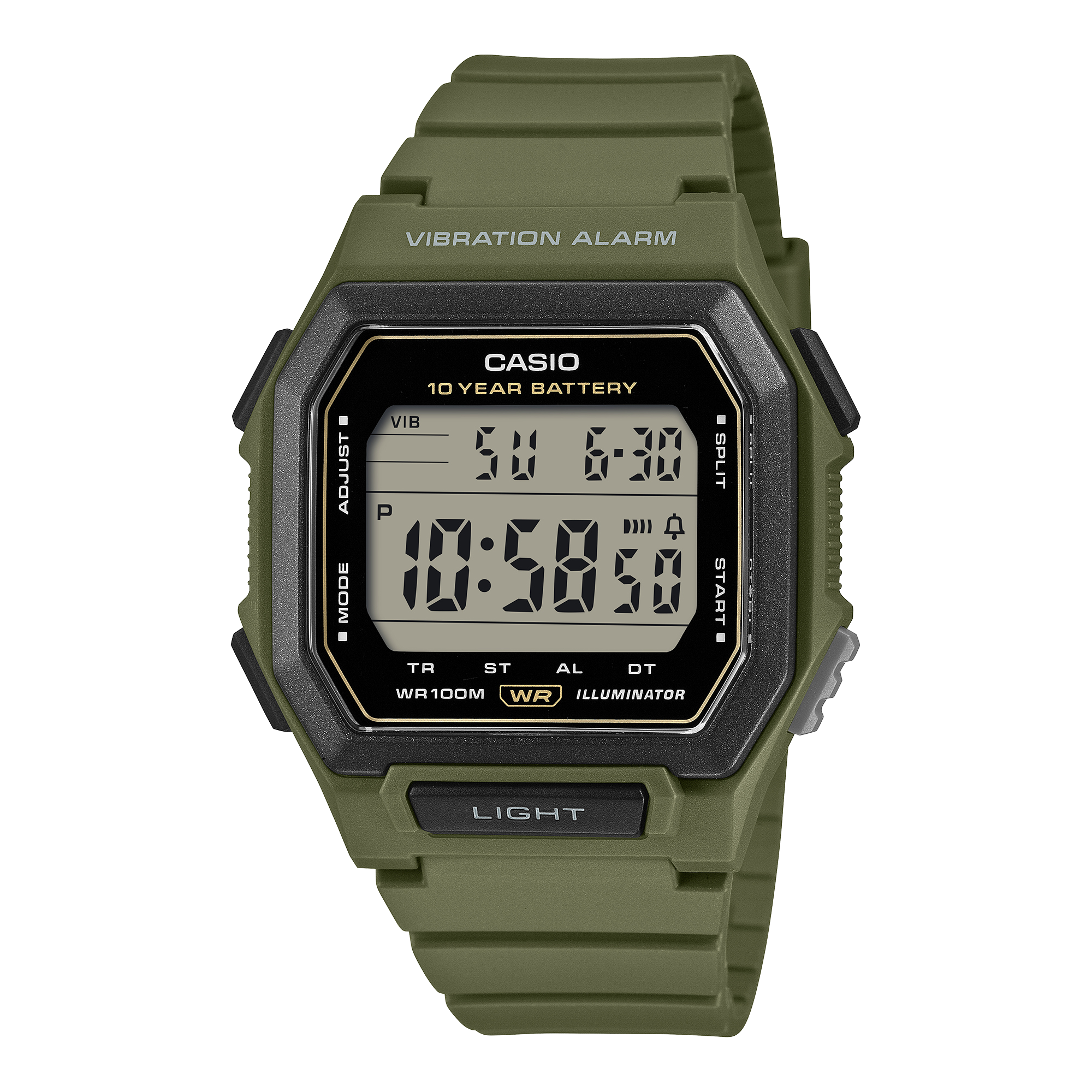 Casio W-738H-3AVDF Men's Digital Watch Grey Dial with Olive Green Resin Strap and Vibration Alarm