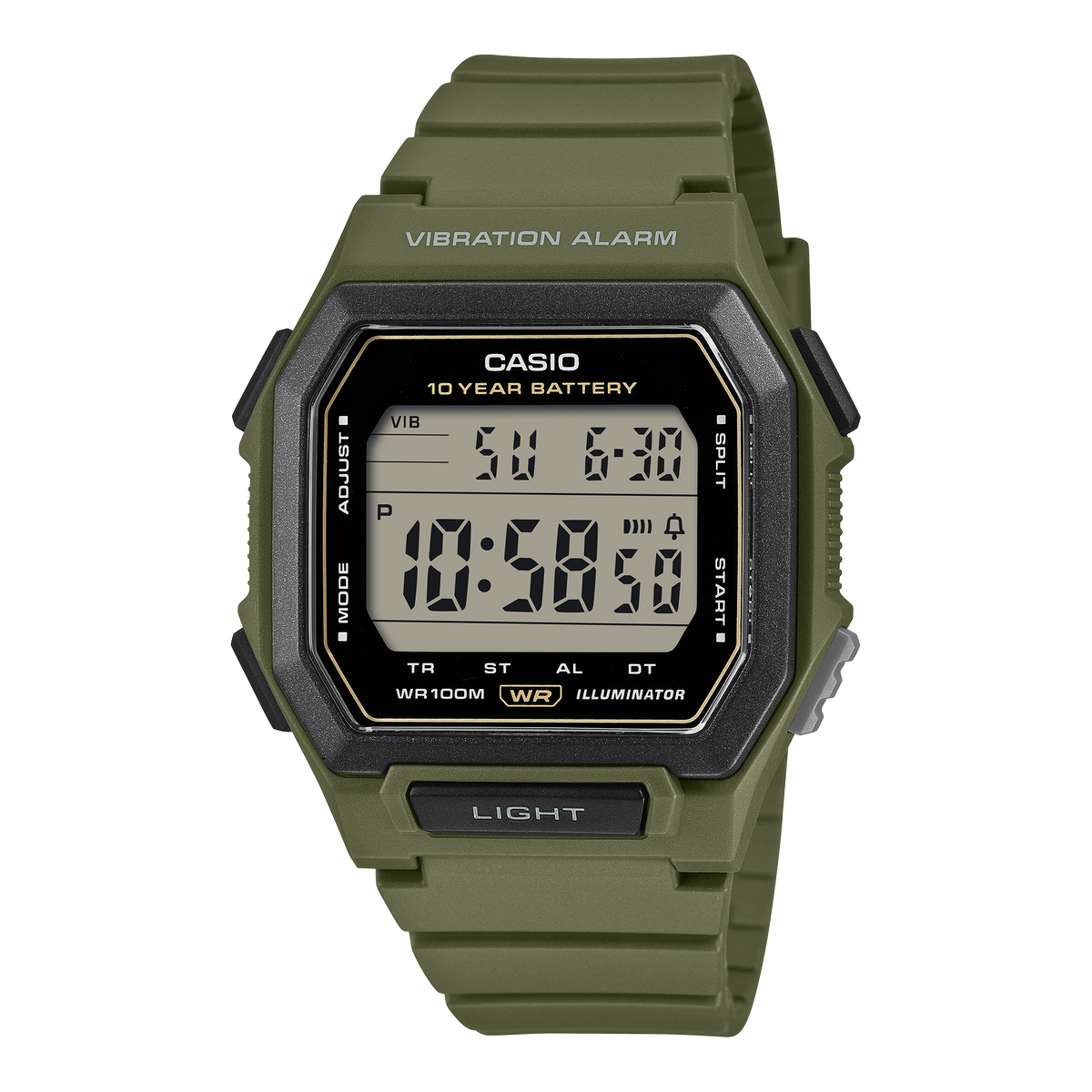 Casio W-738H-3AVDF Men's Digital Watch Grey Dial with Olive Green Resin Strap and Vibration Alarm
