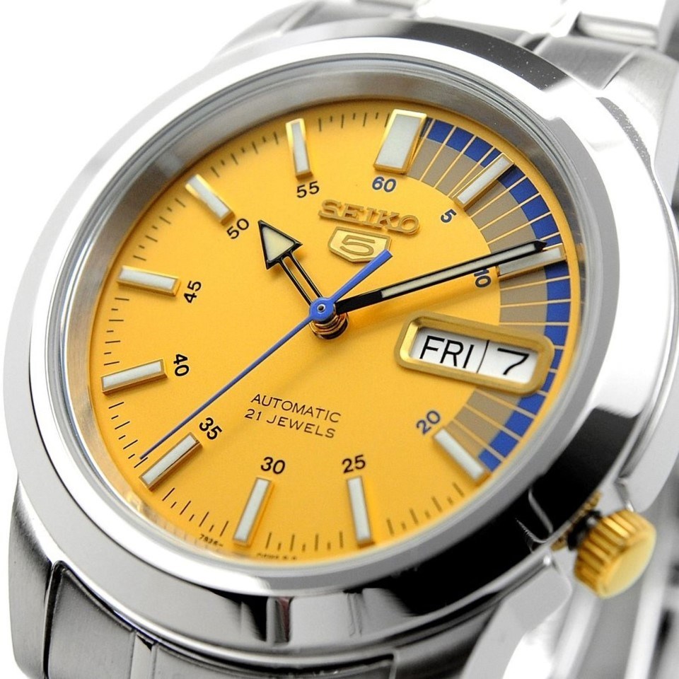 Seiko Men's Mechanical Watch Analog, Yellow Dial with Silver Stainless Band, SNKK29K