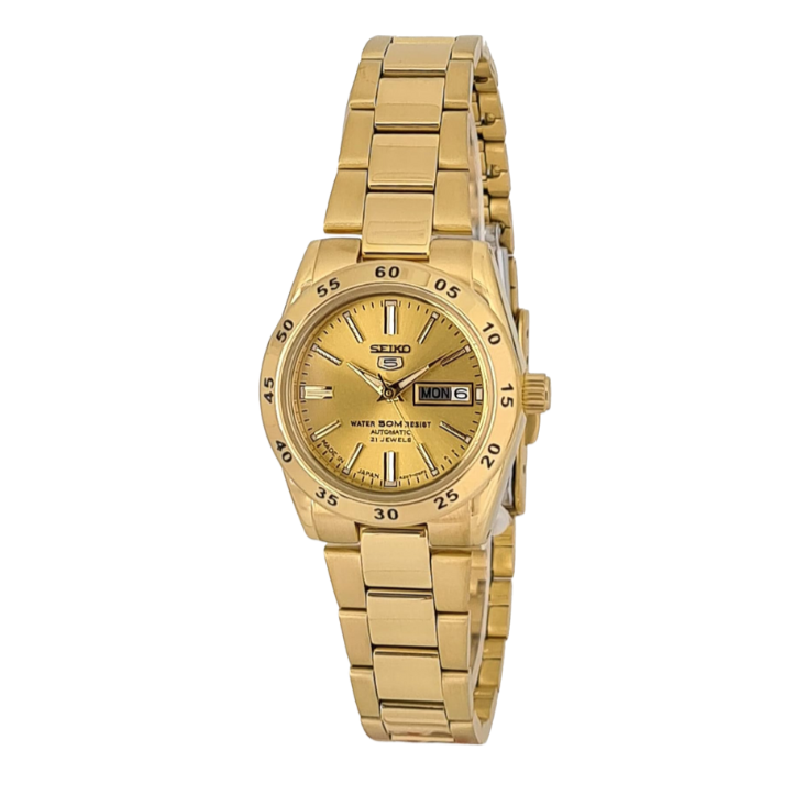 Seiko 5 , 21 Jewels Women's Automatic Watch Analog Gold Dial with Gold Stainless Steel Band, SYMG44J